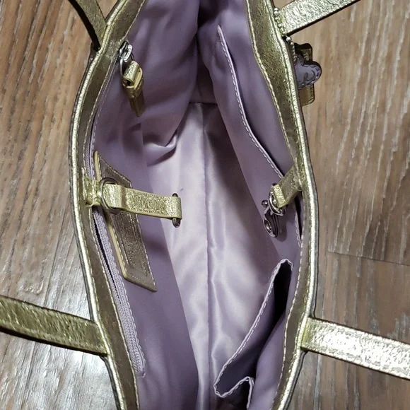 COACH Metallic Gold Plaid Monogram Logo Mini Handbag Luxury Formal Occassion - Picture 5 of 11